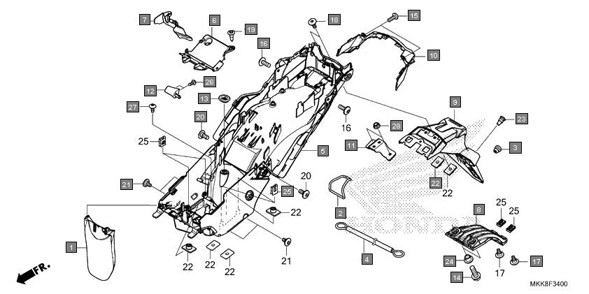 F-34 REAR FENDER diagram showing 90323-MJP-MF0