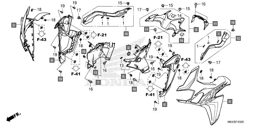 F-45 MIDDLE COWL assembly diagram for HONDA Africa Twin CRF1000DK