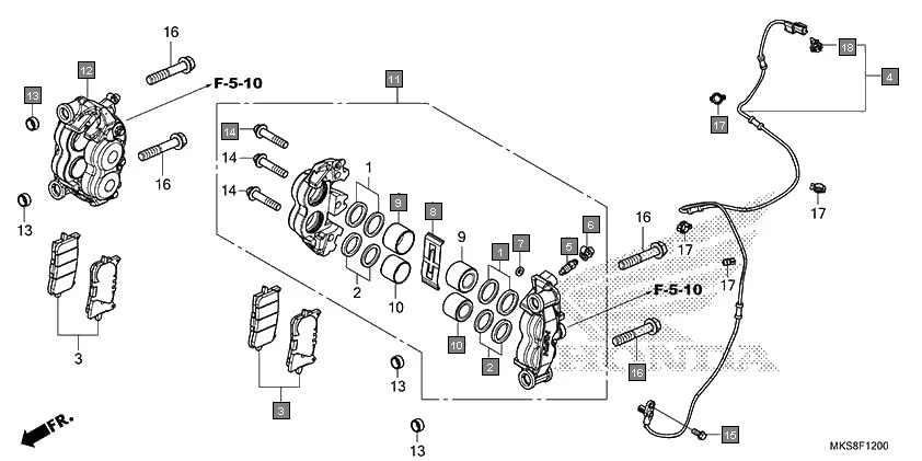 F-12 FRONT BRAKE CALIPER diagram showing 90123-MJP-G50