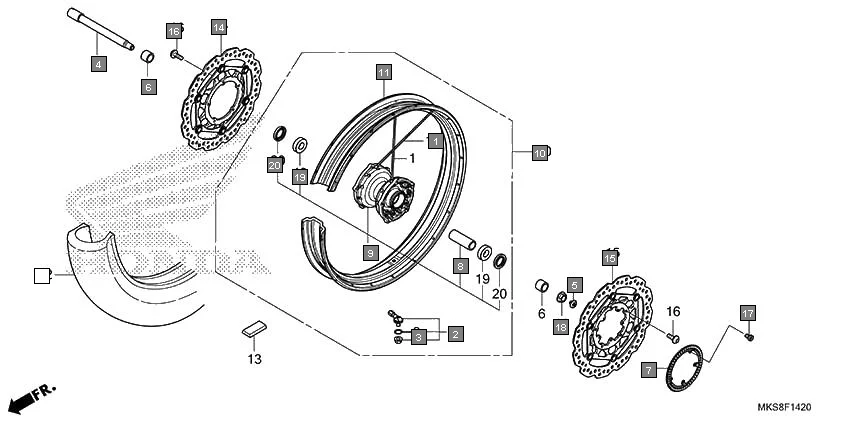 F-14-20 FRONT WHEEL diagram showing 44302-MJP-G50