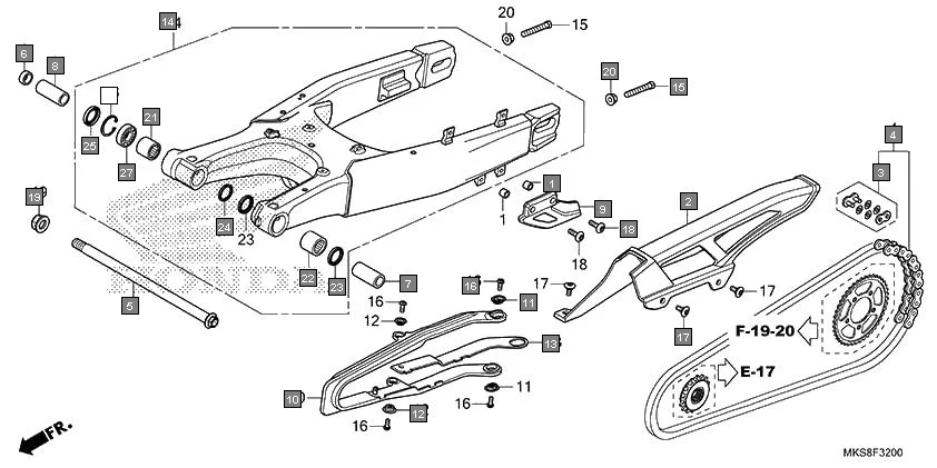 F-32 SWINGARM diagram showing 90107-MJP-G50