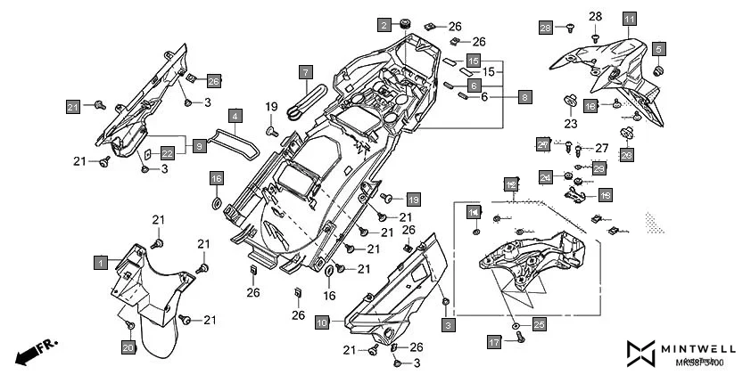 F-34 REAR FENDER diagram showing 90115-MGZ-J00