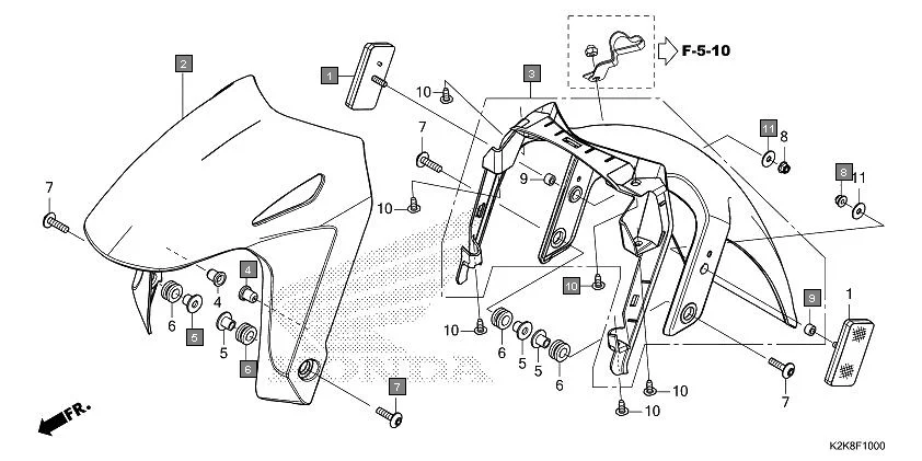 F-10 FRONT FENDER assembly diagram for HONDA CB300F MC300AS