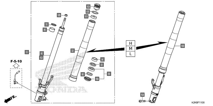 F-11 FRONT FORK assembly diagram for HONDA CB300F MC300AS