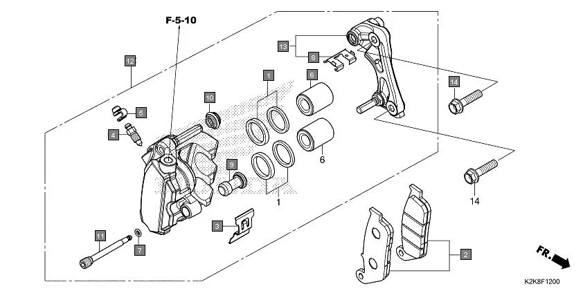 F-12 FRONT BRAKE CALIPER assembly diagram for HONDA CB300F MC300AS
