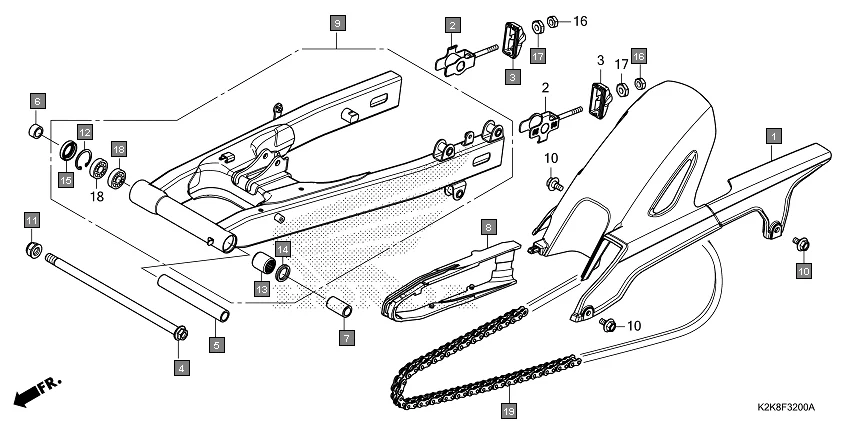 F-32 SWINGARM assembly diagram for HONDA CB300F MC300AS