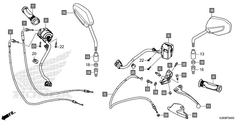 F-4 HANDLE LEVER/SWITCH/CABLE/MIRROR assembly diagram for HONDA CB300F MC300AS
