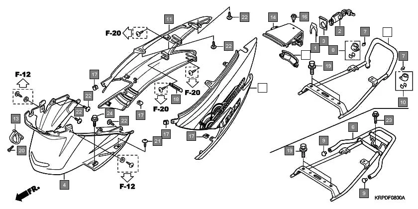 F-8 BODY COVER assembly diagram for HONDA Dio SCV100FA