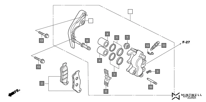F-28 FRONT BRAKE CALIPER(SCV100G8-2ID/4ID) assembly diagram for HONDA Aviator SCV100G8