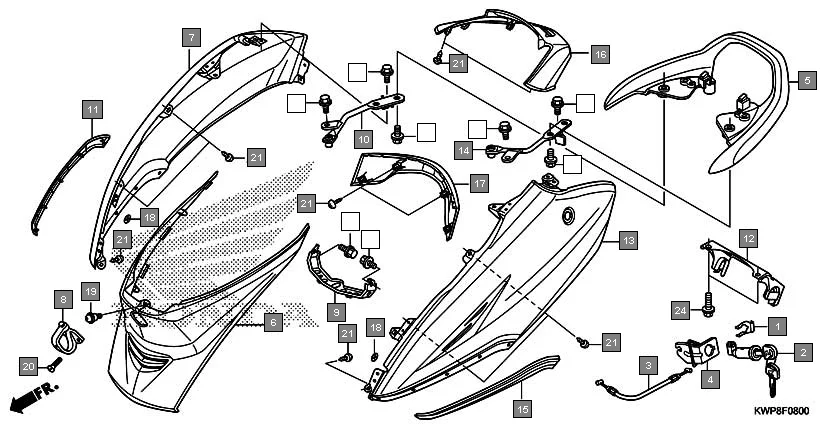 F-8 BODY COVER assembly diagram for HONDA Activa SCV110G
