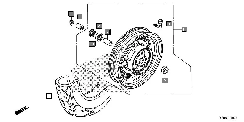 F-10 FRONT WHEEL assembly diagram for HONDA Dio SCV110FBK