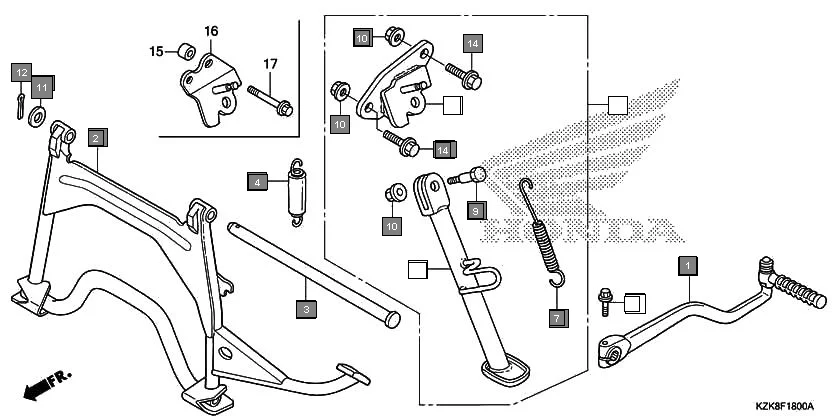 F-18 KICK STARTER ARM/STAND assembly diagram for HONDA Dio SCV110FD