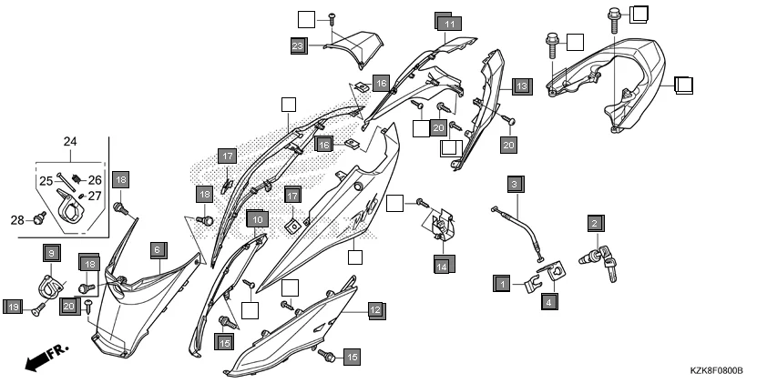 F-8 BODY COVER diagram showing 83508-KPL-900