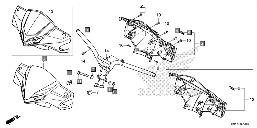 F-9 STEERING HANDLE/HANDLE COVER assembly diagram for HONDA Dio SCV110FM