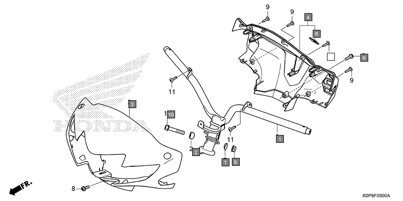 F-9 STEERING HANDLE/HANDLE COVER assembly diagram for HONDA Activa SCV110P/SR