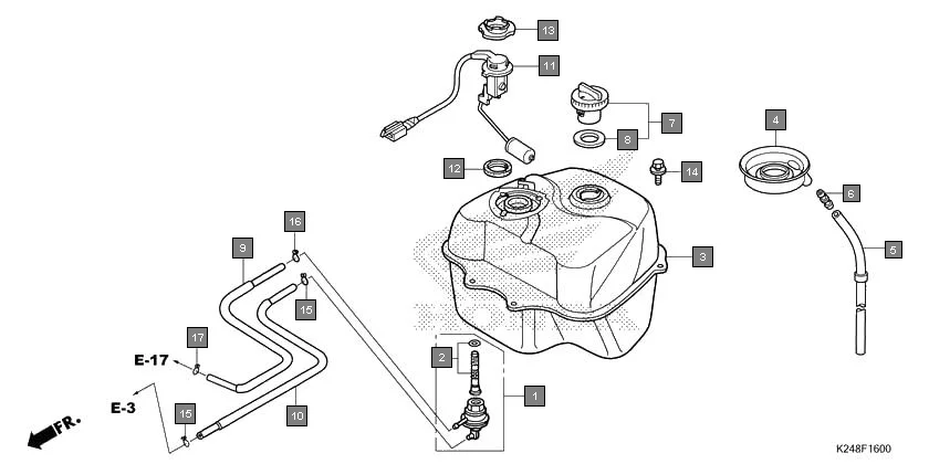 F-16 FUEL TANK assembly diagram for HONDA Activa125 SCV125G