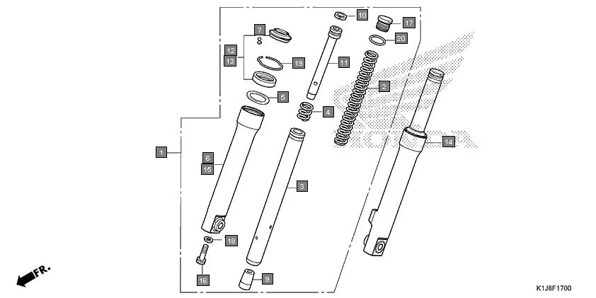 F-17 FRONT FORK assembly diagram for HONDA GRAZIA SCV125SL