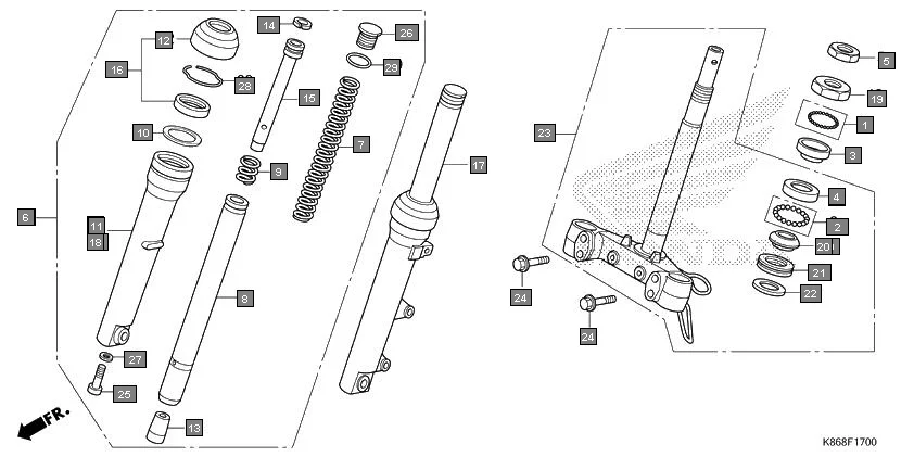 F-17 FRONT FORK/STEERING STEM assembly diagram for HONDA GRAZIA SCV125SK