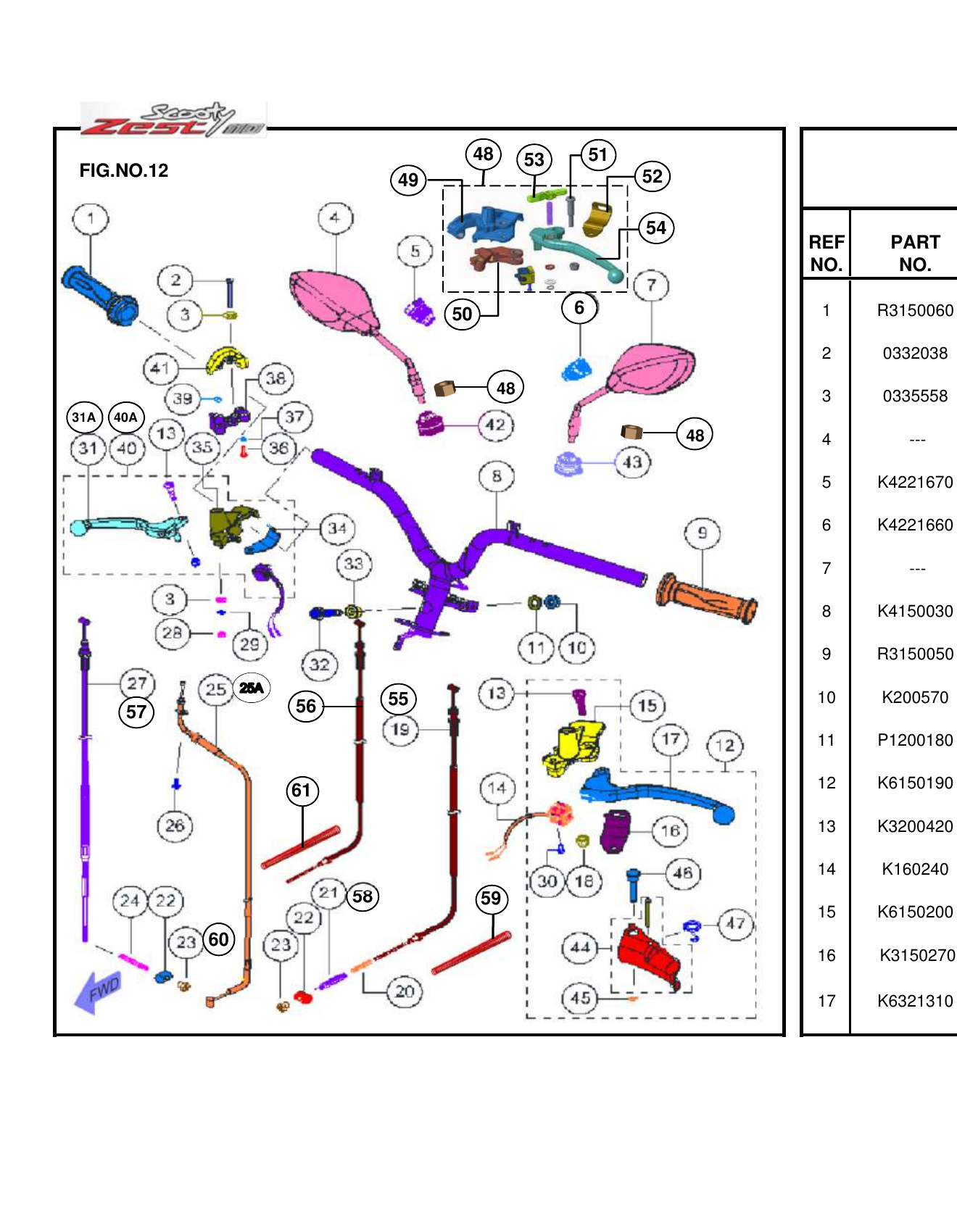 FIG.12 52 HANDLE BAR & CABLE ASSY.